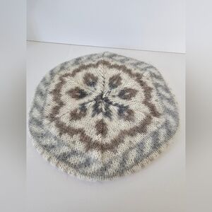 Vintage Fair Isle Nordic Wool Beret Hat Cream Gray Taupe